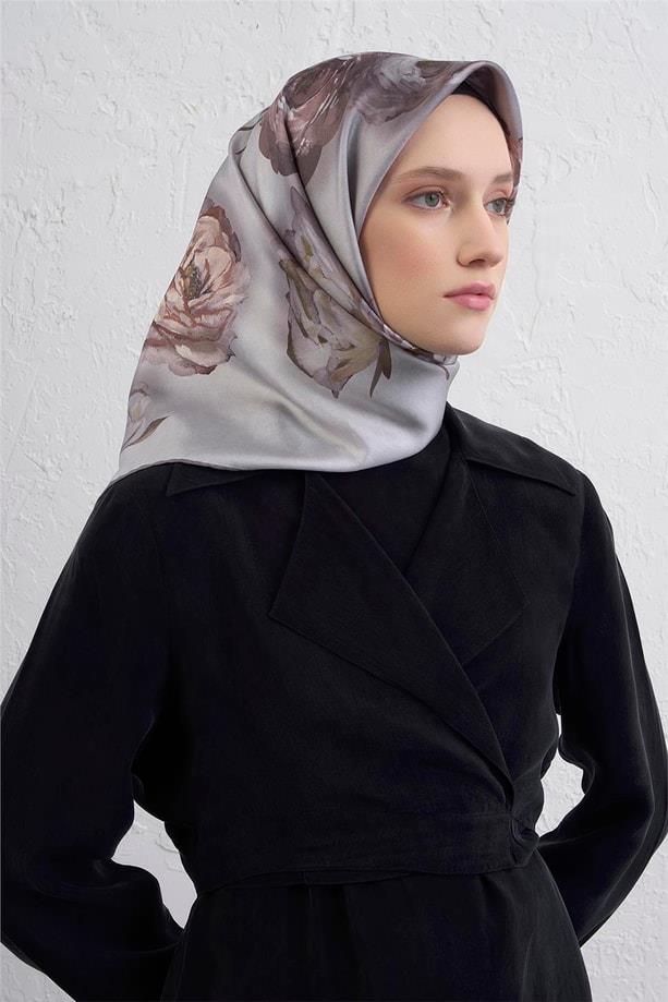Armine Tivil Saf İpek Eşarp 9419 - 03 Gri Karışık Desen 
