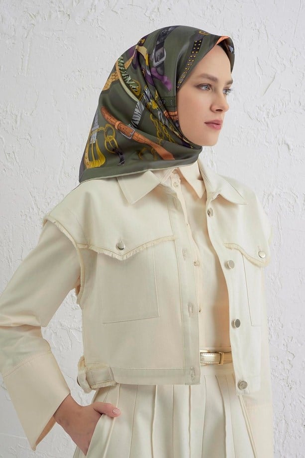 Armine Tivil Saf İpek Eşarp 9422 - 84 Yeşil Karışık Desen 