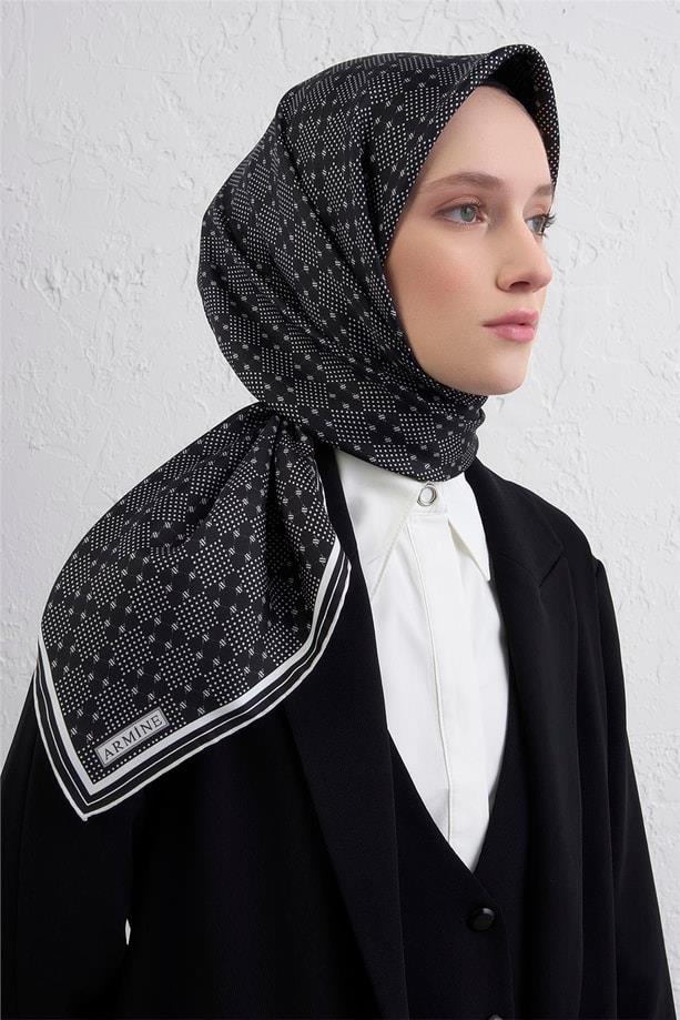 Armine Tivil Saf İpek Eşarp 9440 - 20 Siyah Karışık Desen