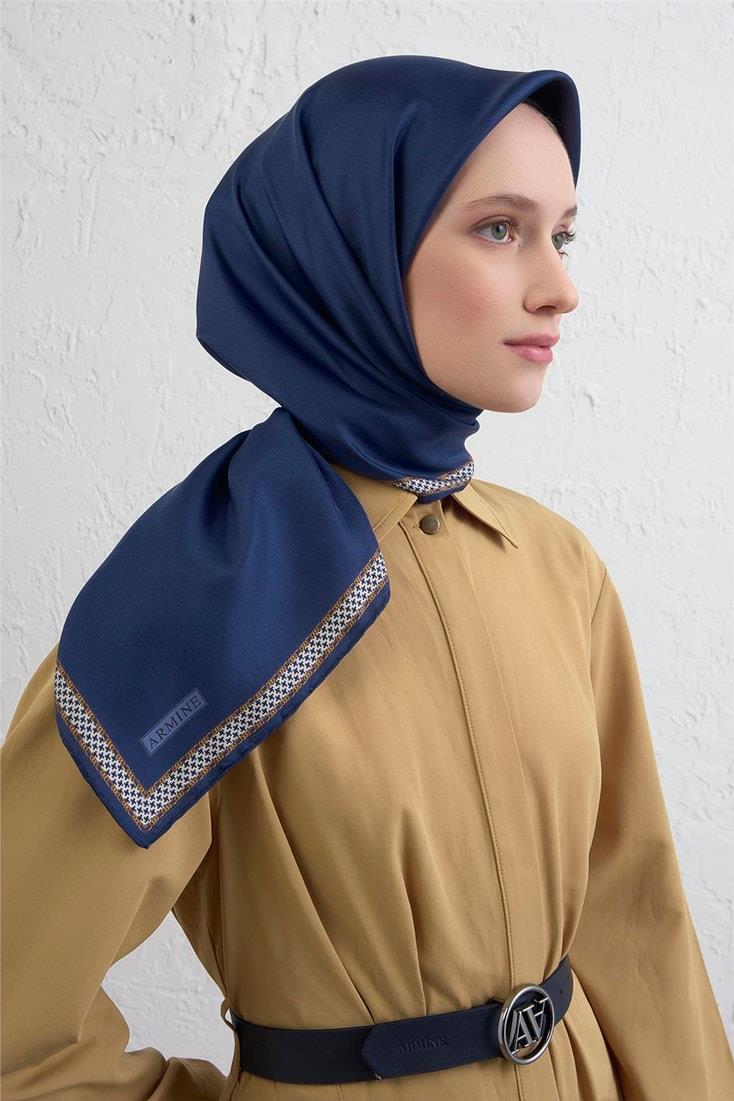 Armine Tivil Saf İpek Eşarp 9444 - 11 İndigo Mavisi  Klasik Desen