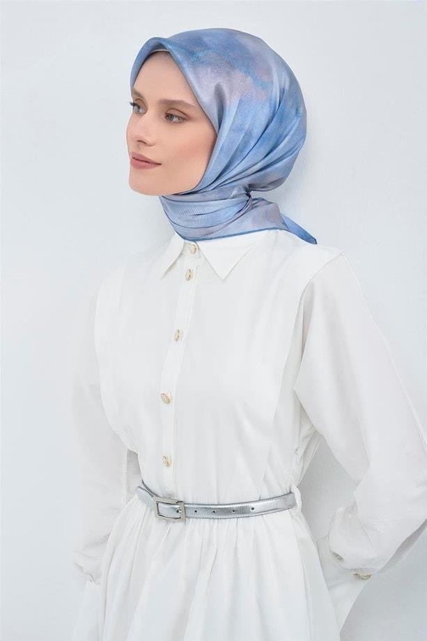 Armine Tivil Saf İpek Eşarp 9501 - 04 Mavi Armürlü Desen