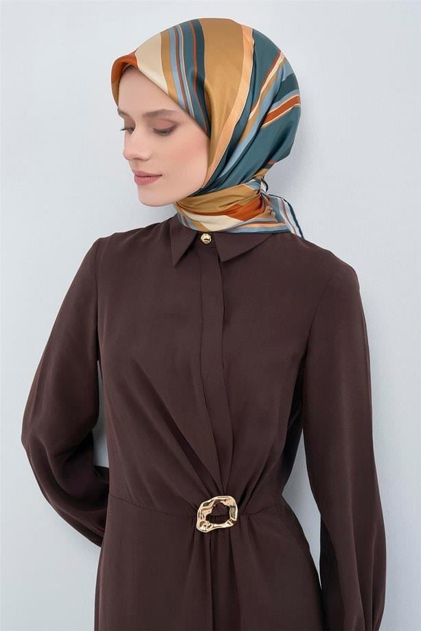 Armine Tivil Saf İpek Eşarp 9514 - 81 Petrol Mavi Krem Soyut Desen