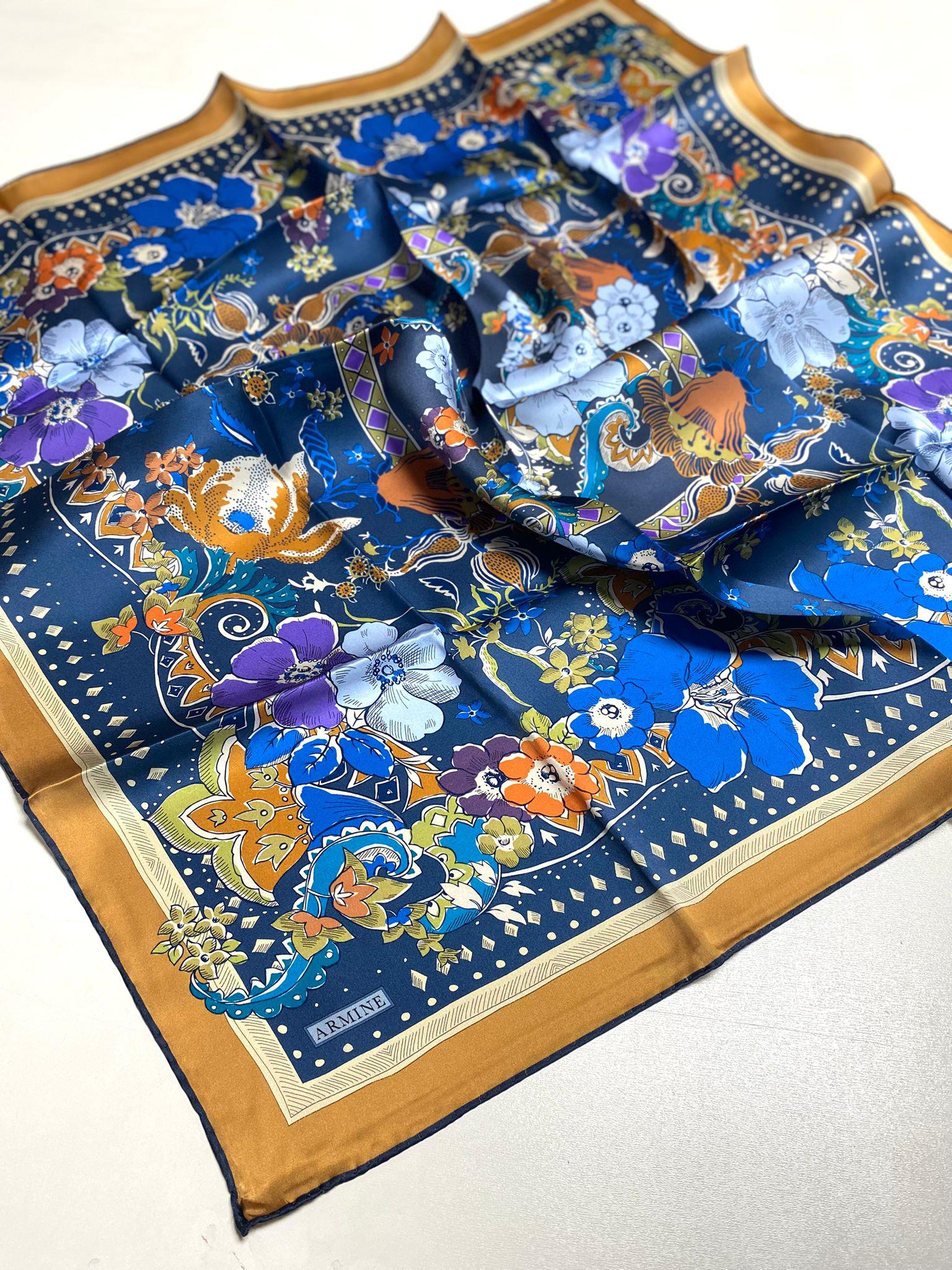 Armine Tivil Saf İpek Eşarp 9535 - 02 Mavi Turuncu Batik Desen