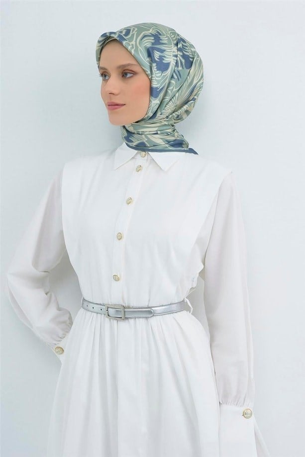 Armine Tivil Saf İpek Eşarp 9539 - 51 İndigo - Çağla Yeşil Desen