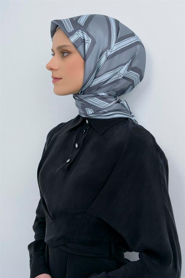 Armine Tivil Saf İpek Eşarp 9547 - 05 Gri Açık Soft Yeşil Geometrik Desen