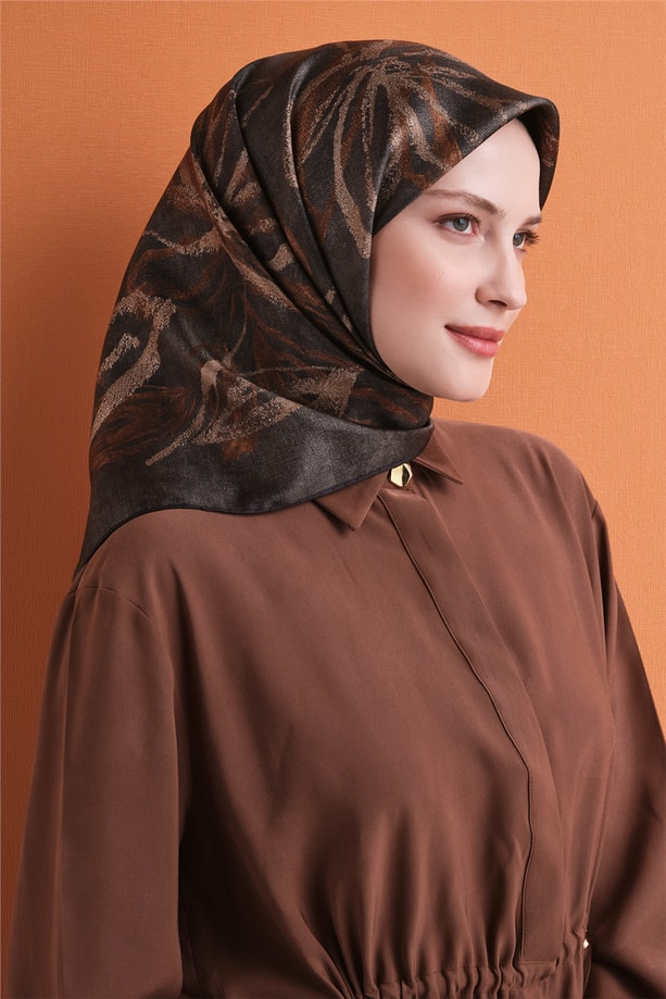 Armine Tivil Saf İpek Eşarp 9600 35 Haki Çiçek Desen 