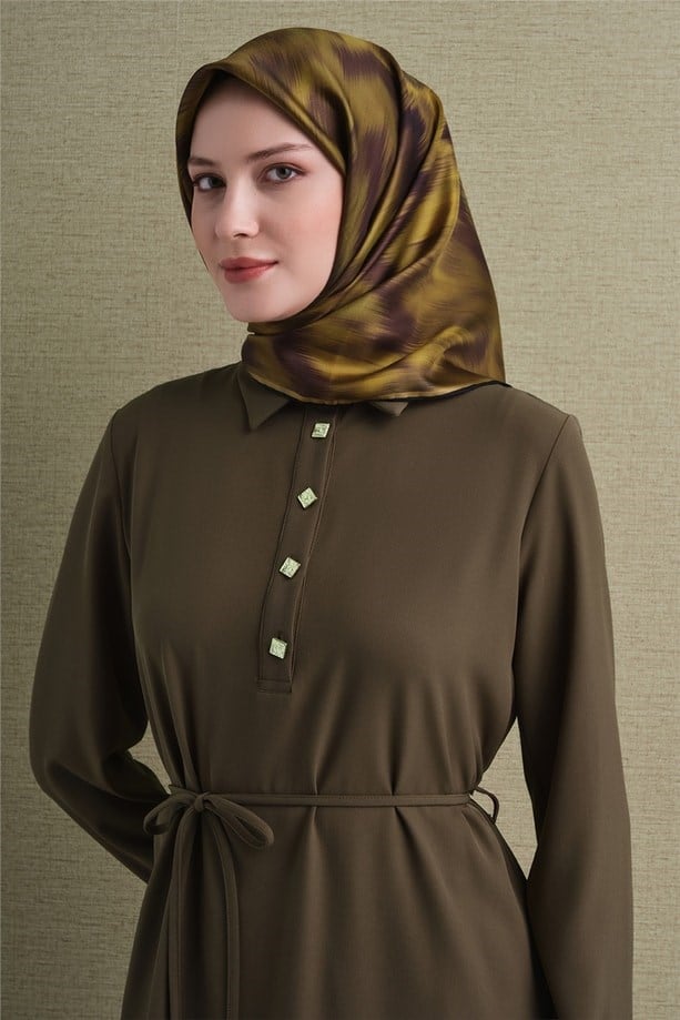 Armine Tivil Saf İpek Eşarp 9605 35 Yağ Yeşili Soyut Desen 