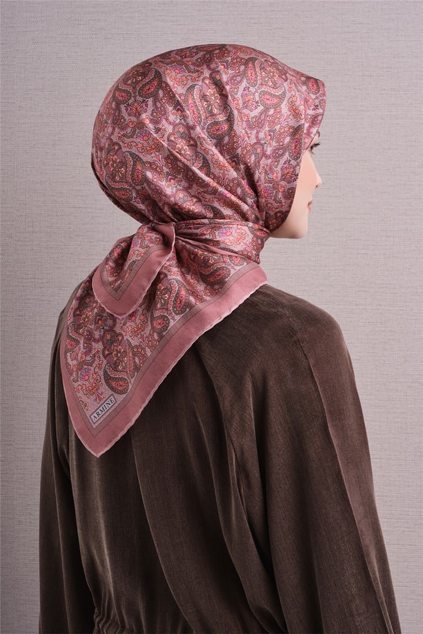 Armine Tivil Saf İpek Eşarp 9609 51 Pembe Etnik Desen 