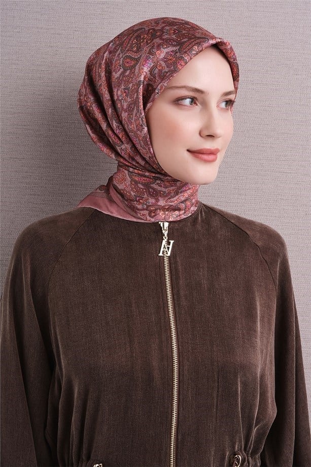 Armine Tivil Saf İpek Eşarp 9609 51 Pembe Etnik Desen 