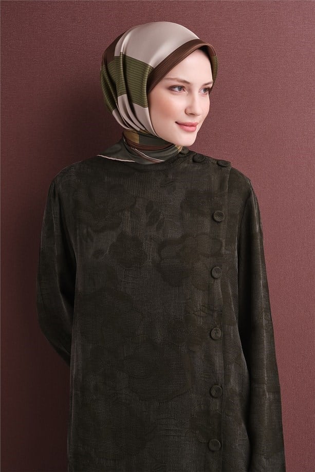 Armine Tivil Saf İpek Eşarp 9610 31 Haki Geometrik Desen 