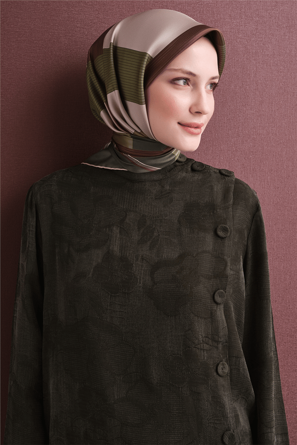 Armine Tivil Saf İpek Eşarp 9610 31 Haki Geometrik Desen 