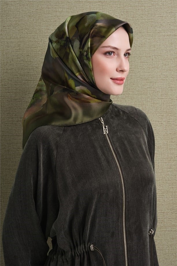 Armine Tivil Saf İpek Eşarp 9611 05 Haki Çiçek Desen 