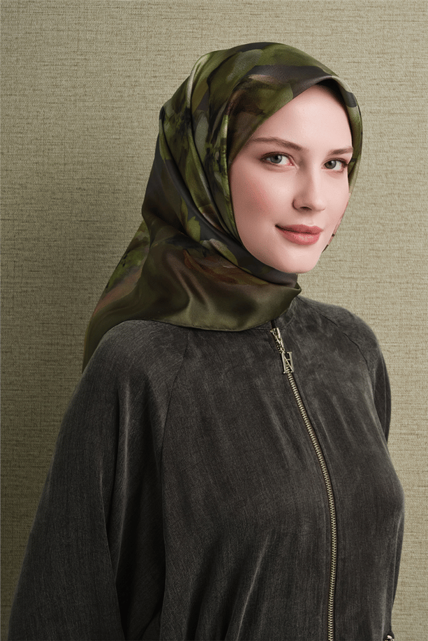 Armine Tivil Saf İpek Eşarp 9611 05 Haki Çiçek Desen 