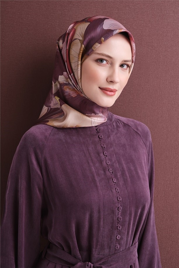 Armine Tivil Saf İpek Eşarp 9627 03 Lila Çiçek Desen 