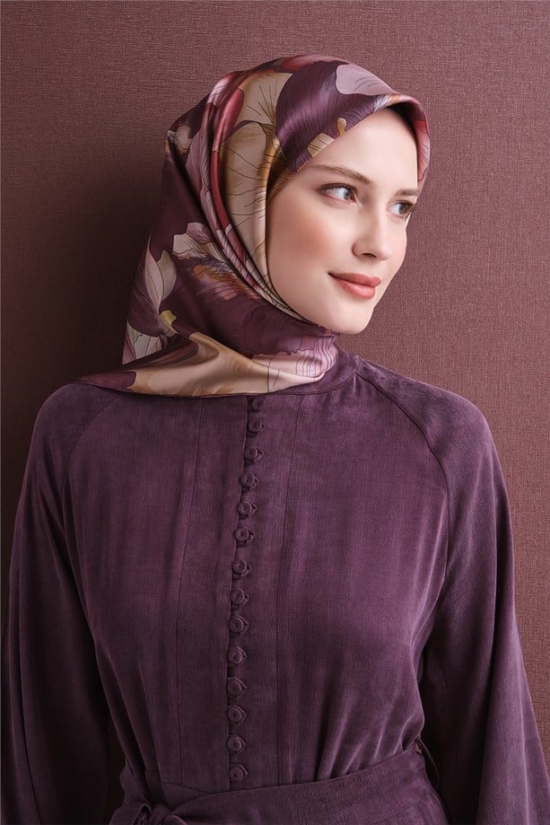 Armine Tivil Saf İpek Eşarp 9627 03 Lila Çiçek Desen 