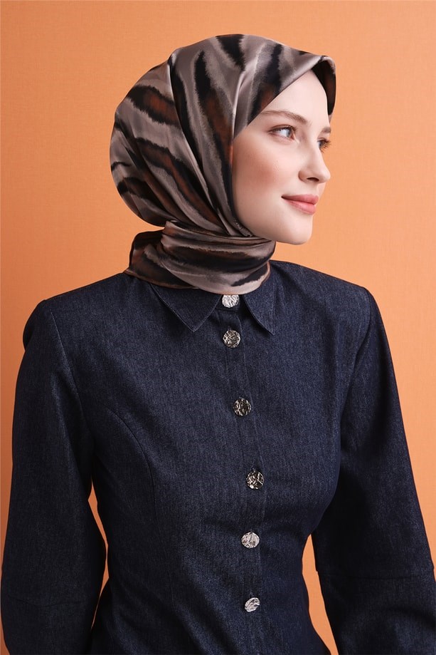 Armine Tivil Saf İpek Eşarp 9629 32 Vizon - Kahverengi Zebra Desen 