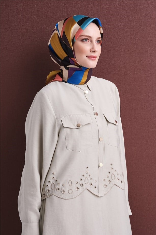 Armine Tivil Saf İpek Eşarp 9633 31 Sarı Saks Mavi Geometrik Desen 