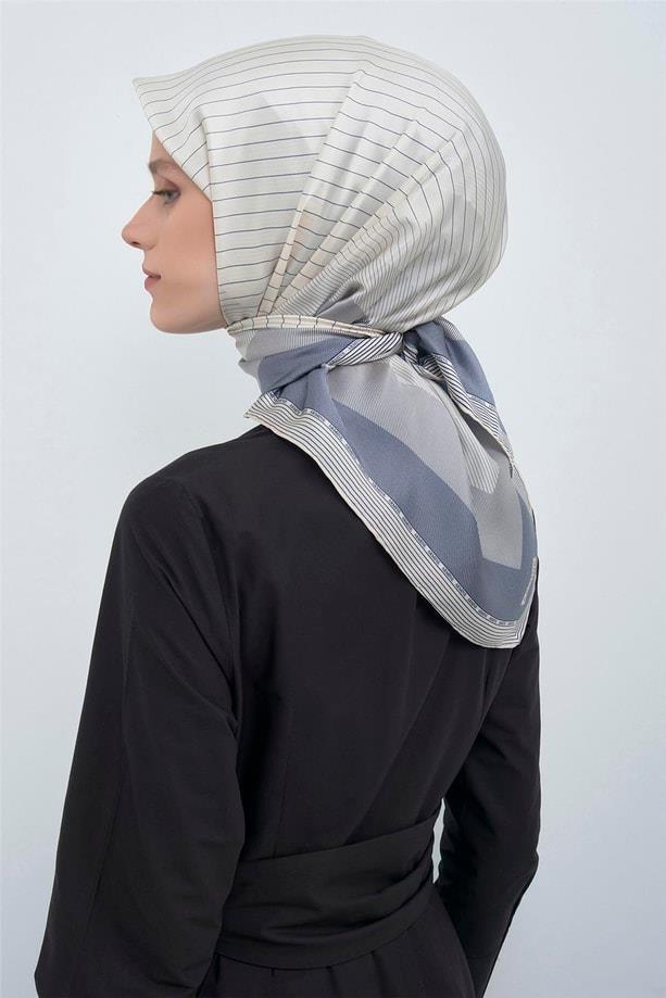 Armine Tivil Saf İpek Eşarp IST 9526 - 05 Mavi-Vizon Çizgi Desen