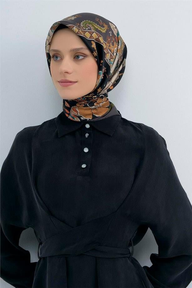 Armine Tivil Saf İpek Eşarp IST 9535 - 04 Füme Siyah Batik Desen