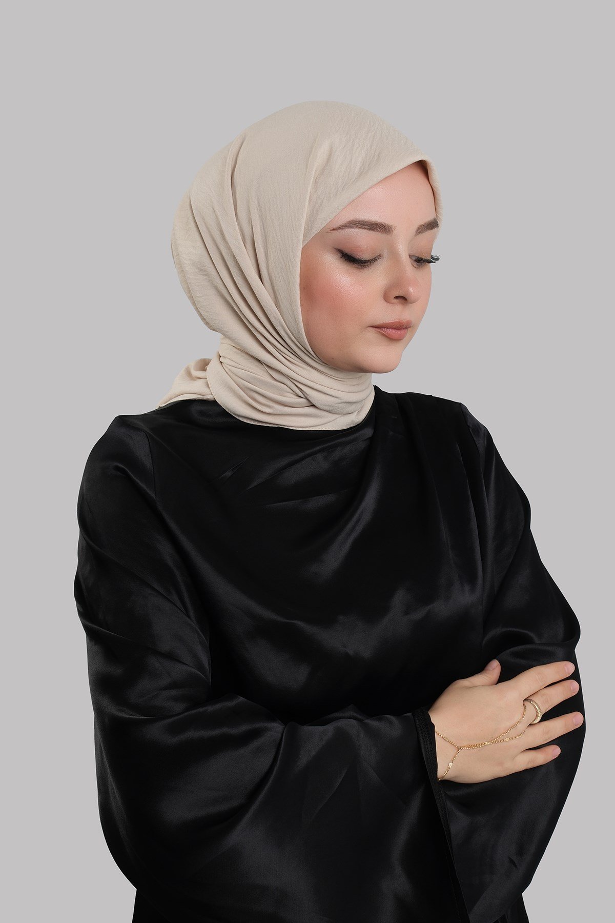 Bej Düz Klasik Eşarp İtalyan Dikişli Pamuk Caz Sade 202210_12