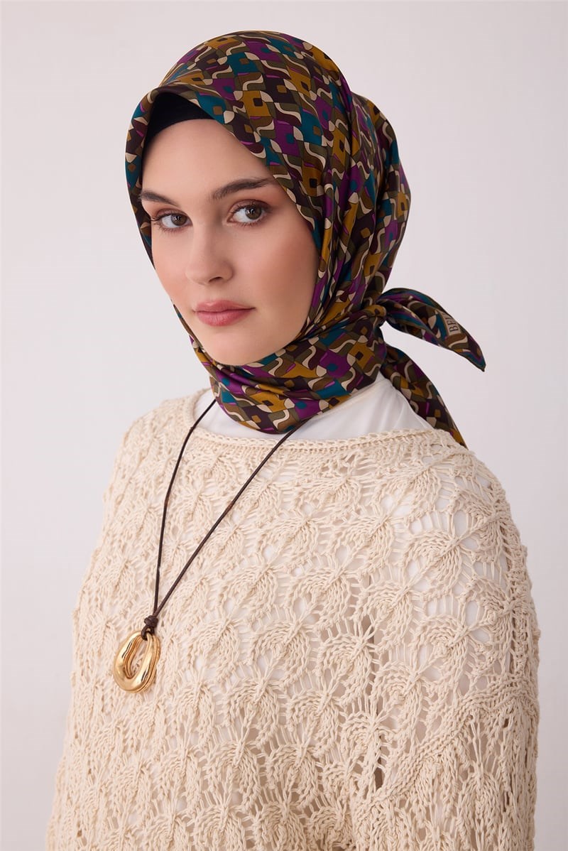 Belli Tivil İpek Eşarp 4402 83 Mor Geometrik Desen