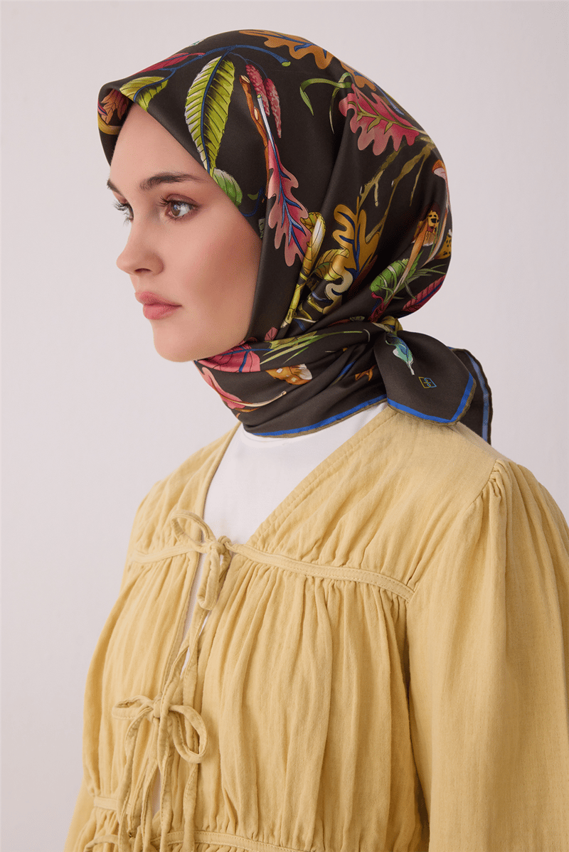 Belli Tivil İpek Eşarp 4412 82 Haki Soyut Desen