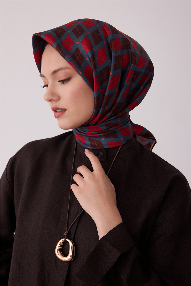 Belli Tivil İpek Eşarp Bordo 4408 02 Geometrik Desen