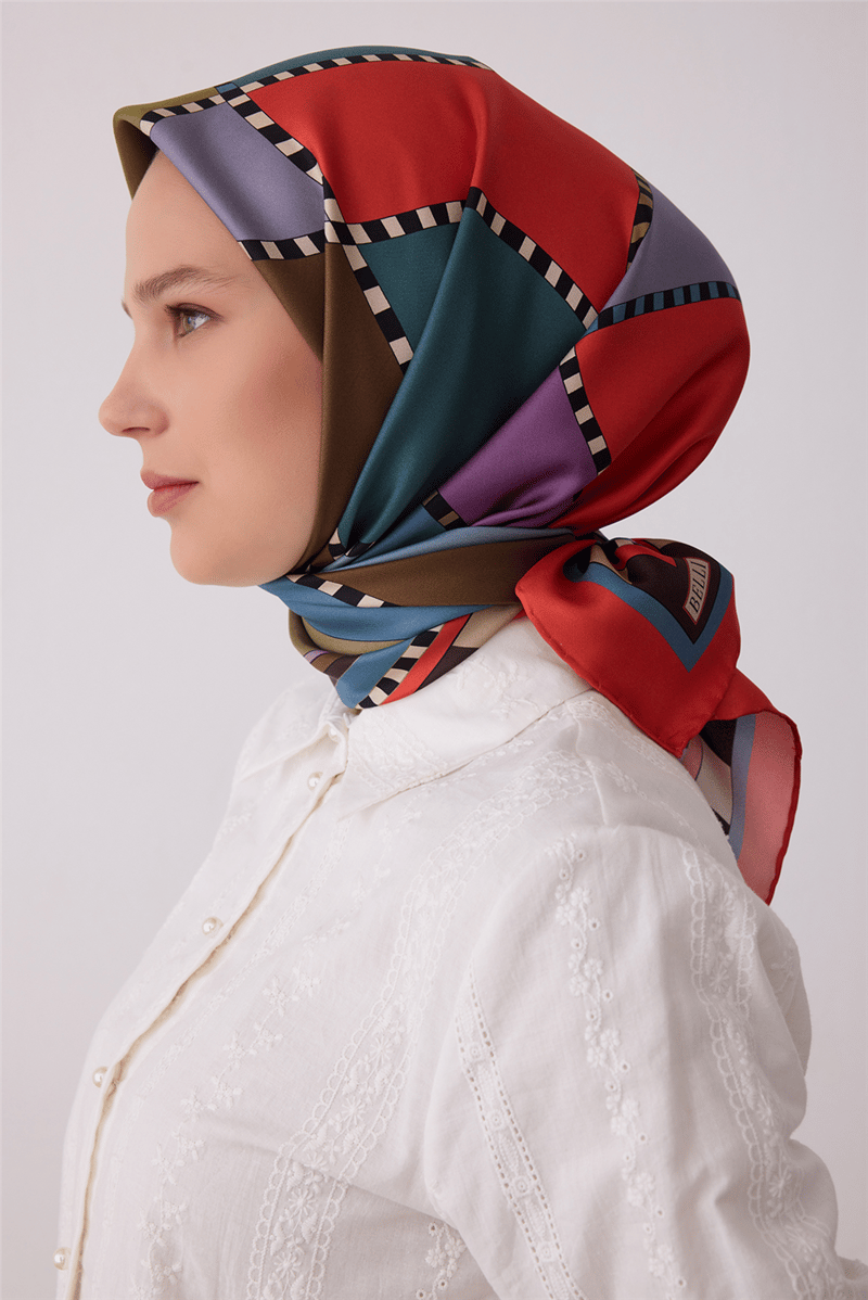 Belli Tivil İpek Eşarp Mercan 4419 84 Geometrik Dese