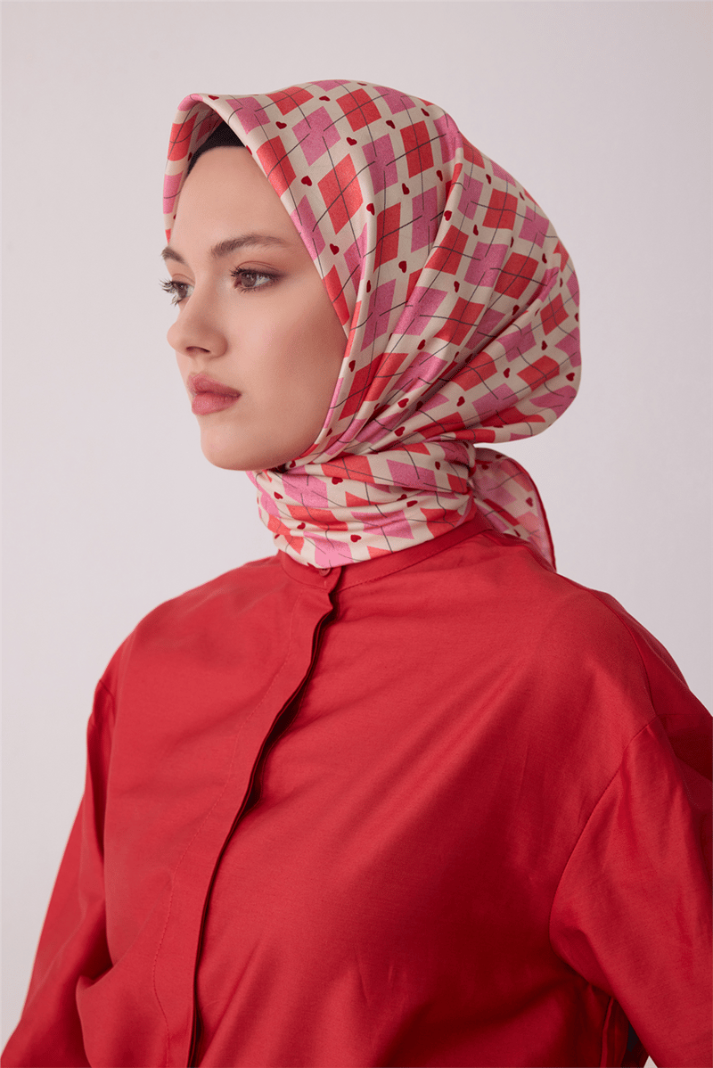 Belli Tivil İpek Eşarp Pembe 4408 80 Geometrik Desen