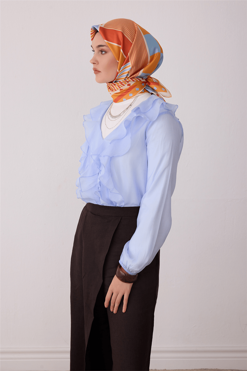 Belli Tivil İpek Eşarp Turuncu 4401 80 Geometrik Desen