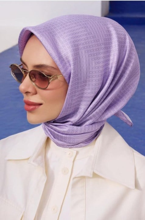 Belli Tivil Saf İpek Eşarp 4104 -56  Lila Geometrik Desen