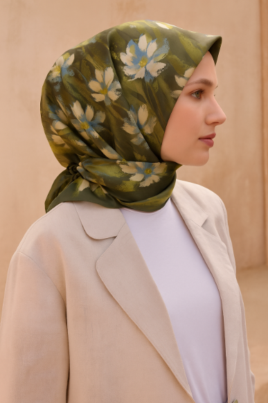 Belli Tivil Saf İpek Eşarp 4217 - 81 Haki Yeşil Çiçek Desen