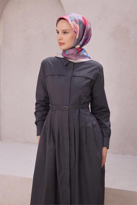 Belli Tivil Saf İpek Eşarp 4219 - 56 Koyu Lila Çiçek Desen
