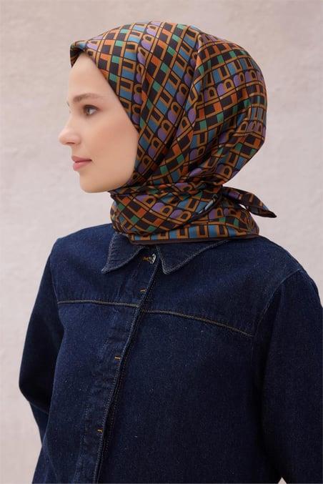 Belli Tivil Saf İpek Eşarp 4223 - 83 Kahverengi Logo  Desen