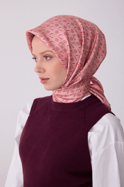 Belli Tivil Saf İpek Eşarp 4308 03 Pembe Batik Desen