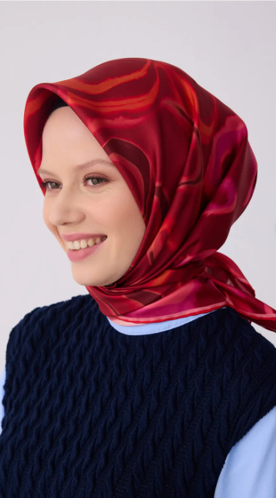 Belli Tivil Saf İpek Eşarp IST 4301 - 33 Mercan - Bordo Geometrik Desen