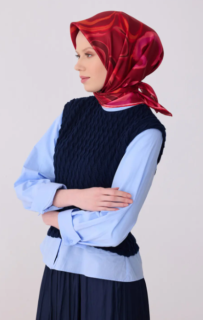 Belli Tivil Saf İpek Eşarp IST 4301 - 33 Mercan - Bordo Geometrik Desen