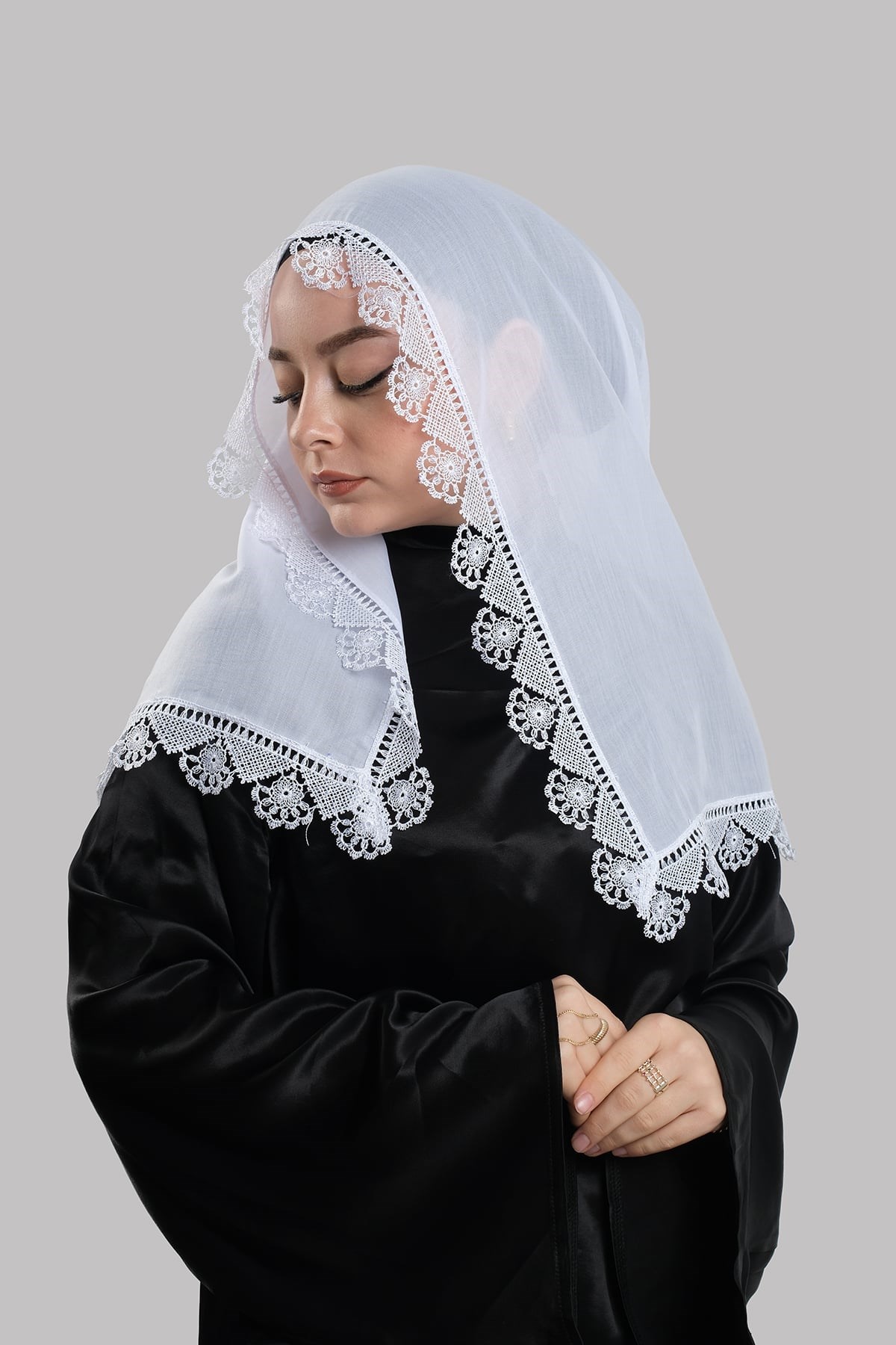 Beyaz Namaz Başörtüsü Eşarp Kesik Elyaf Güpürlü 202211_42