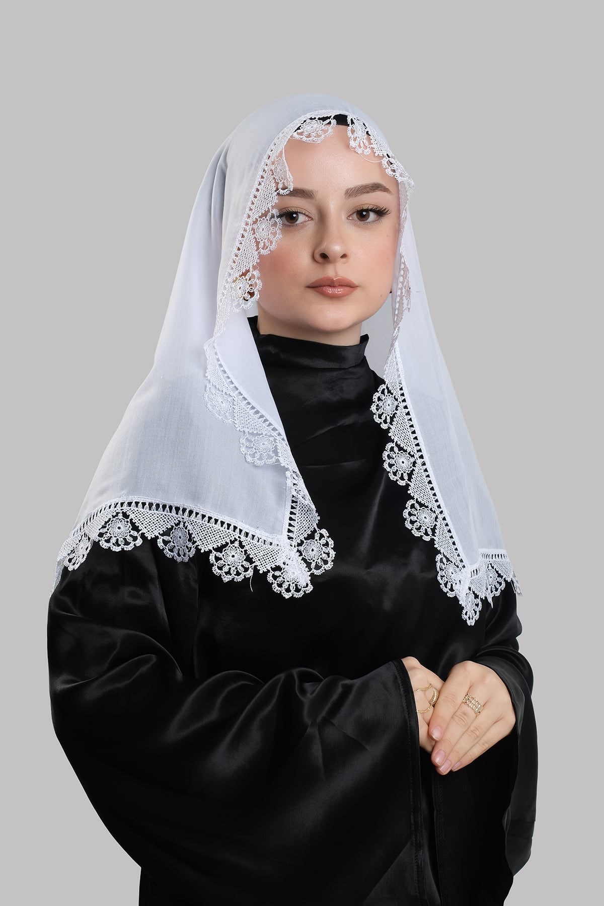 Beyaz Namaz Başörtüsü Eşarp Kesik Elyaf Güpürlü 202211_42