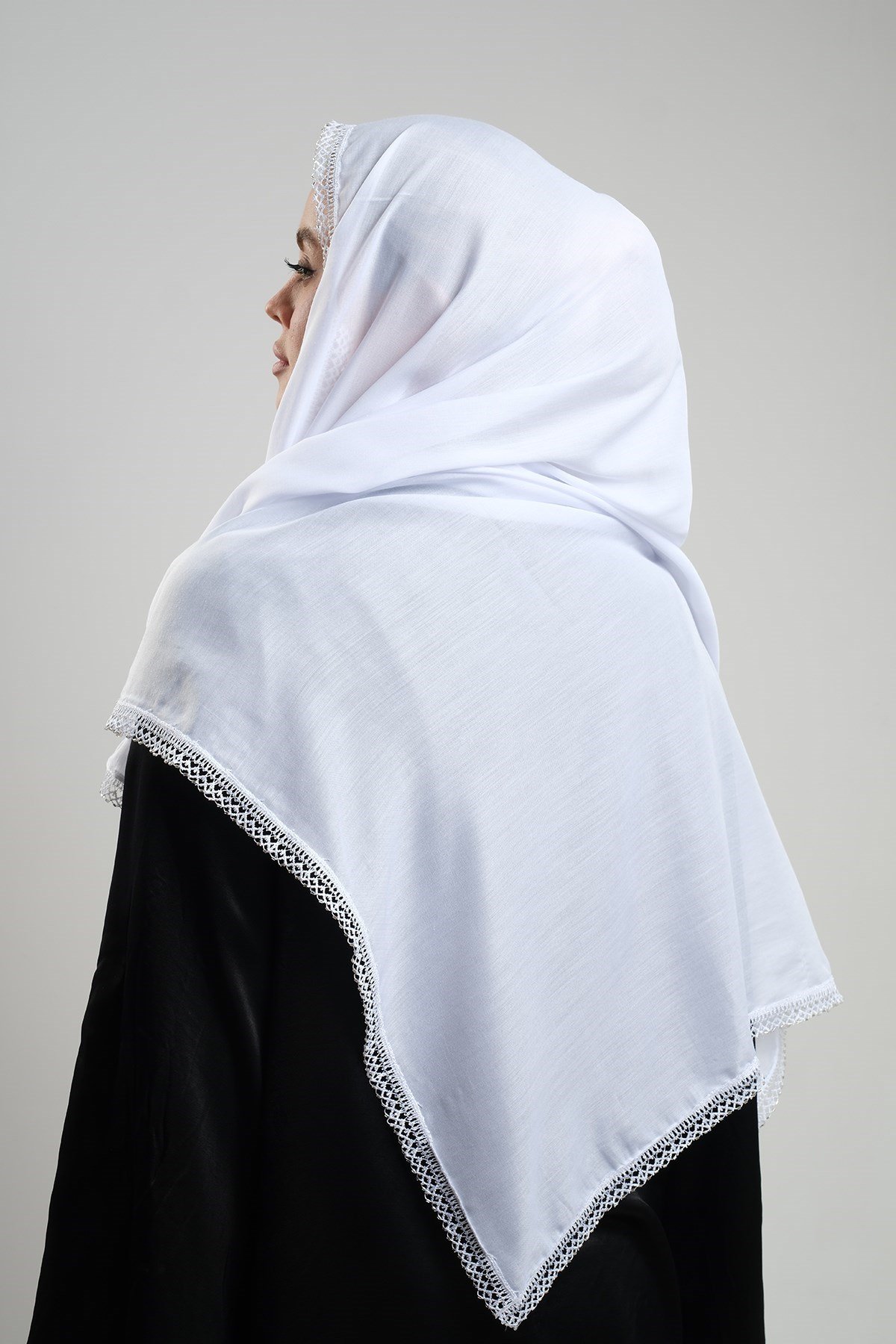 Beyaz Nikah Namaz Başörtüsü Eşarp Kesik Elyaf Boncuklu Güpürlü 202213_42