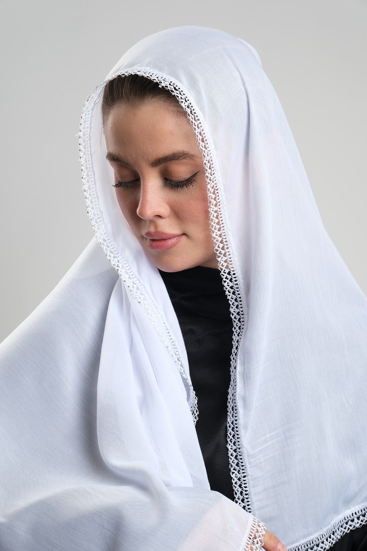 Beyaz Nikah Namaz Başörtüsü Eşarp Kesik Elyaf Boncuklu Güpürlü 202213_42