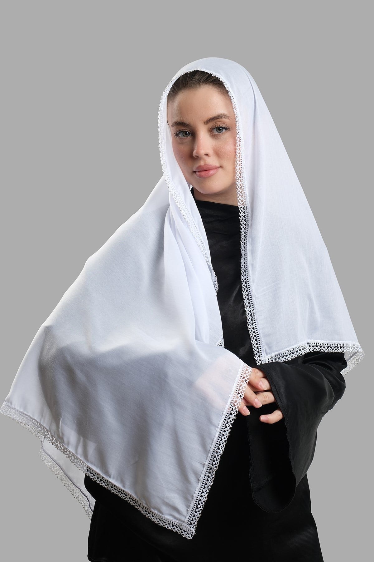 Beyaz Nikah Namaz Başörtüsü Eşarp Kesik Elyaf Boncuklu Güpürlü 202213_42