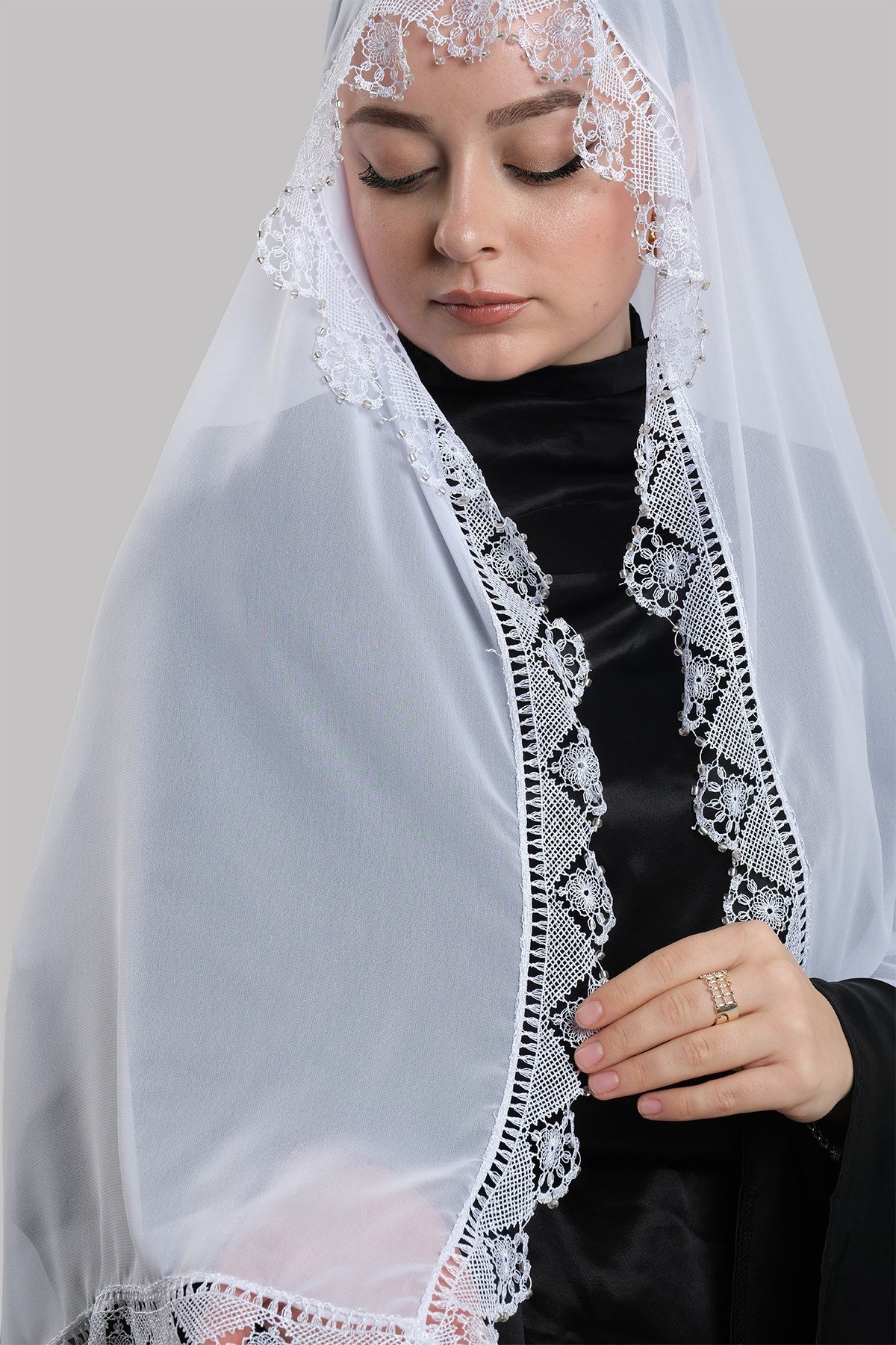 Beyaz Nikah Namaz Başörtüsü Şal Şifon Boncuklu Güpürlü 202131_42