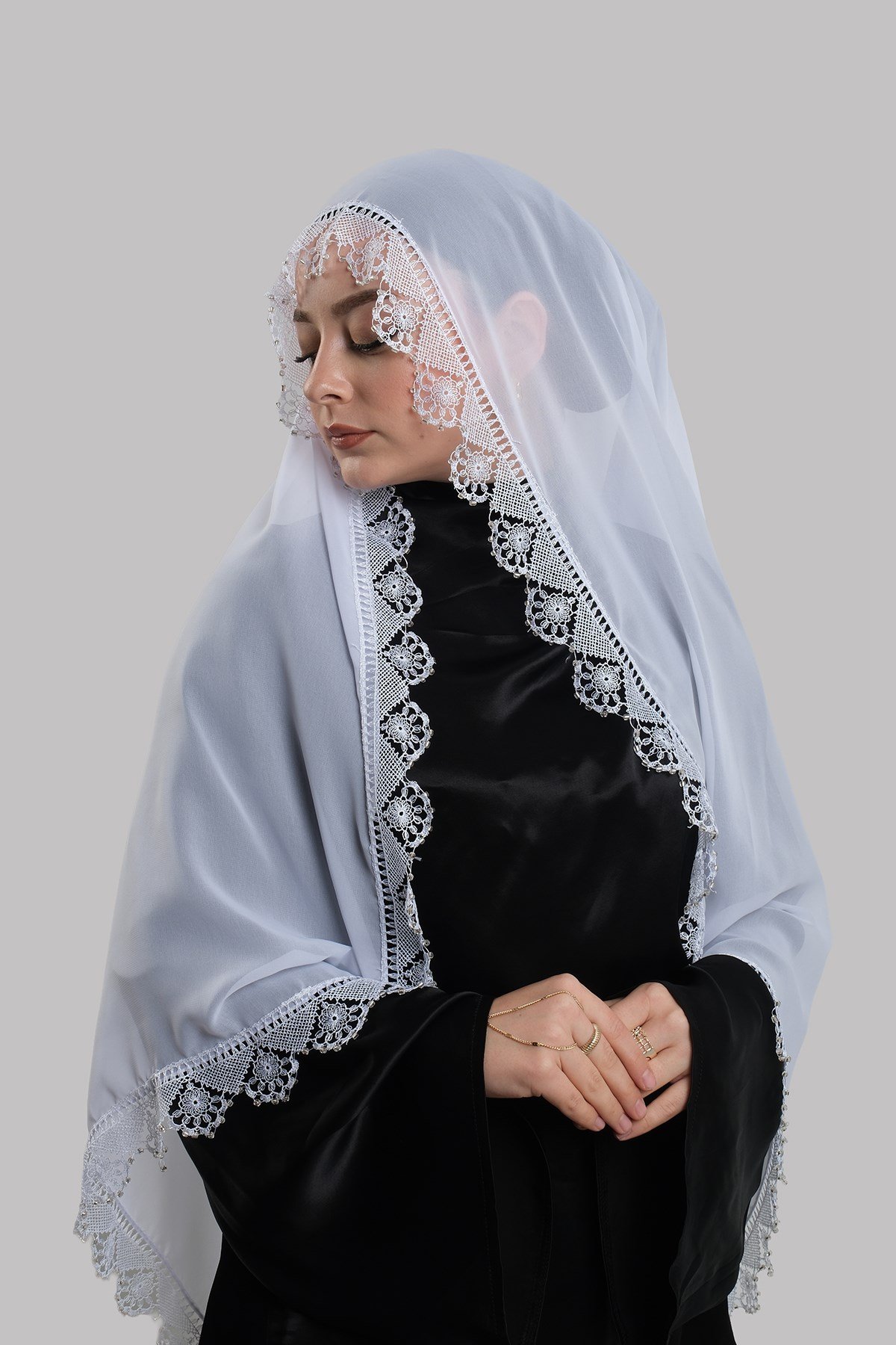 Beyaz Nikah Namaz Başörtüsü Şal Şifon Boncuklu Güpürlü 202131_42