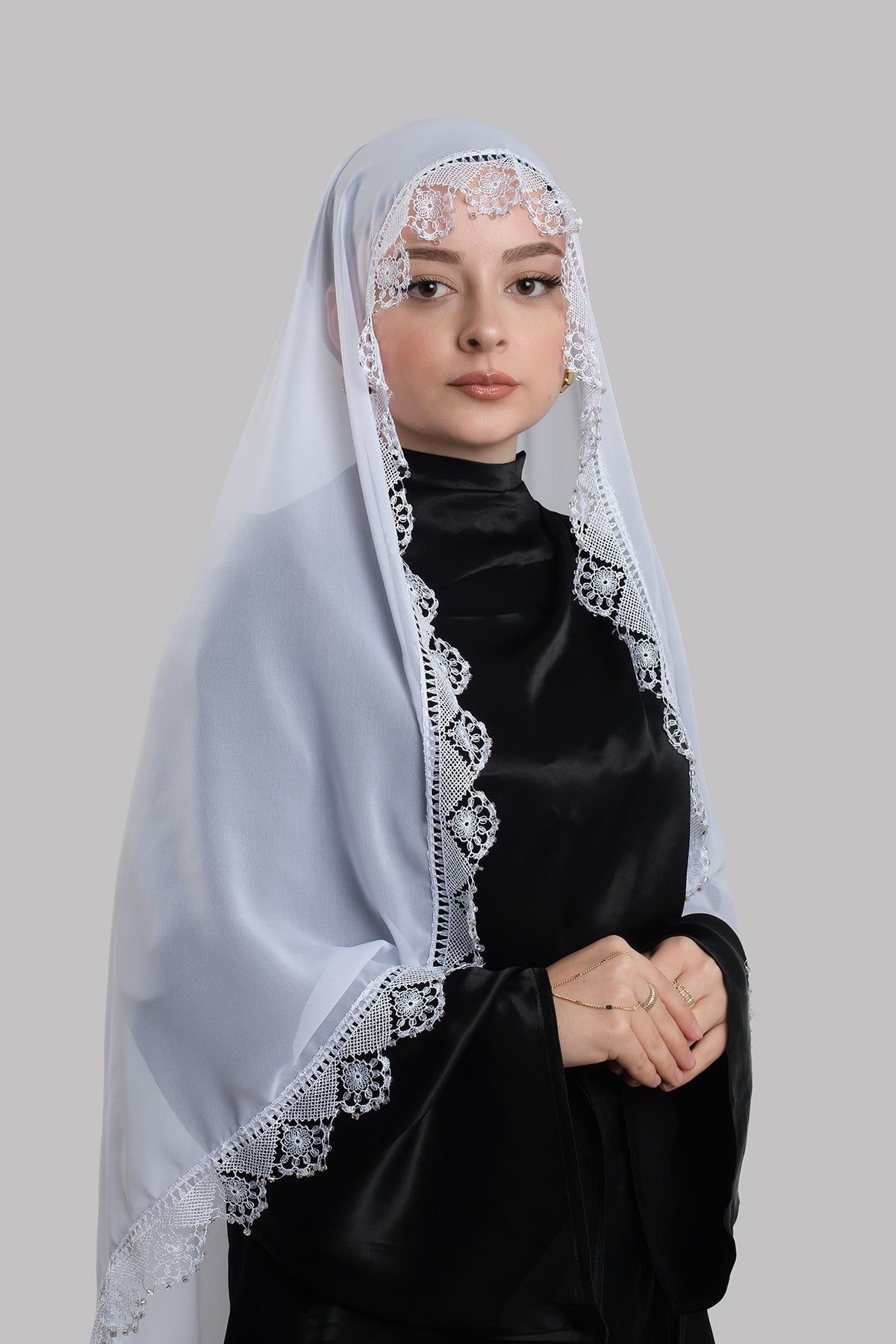 Beyaz Nikah Namaz Başörtüsü Şal Şifon Boncuklu Güpürlü 202131_42