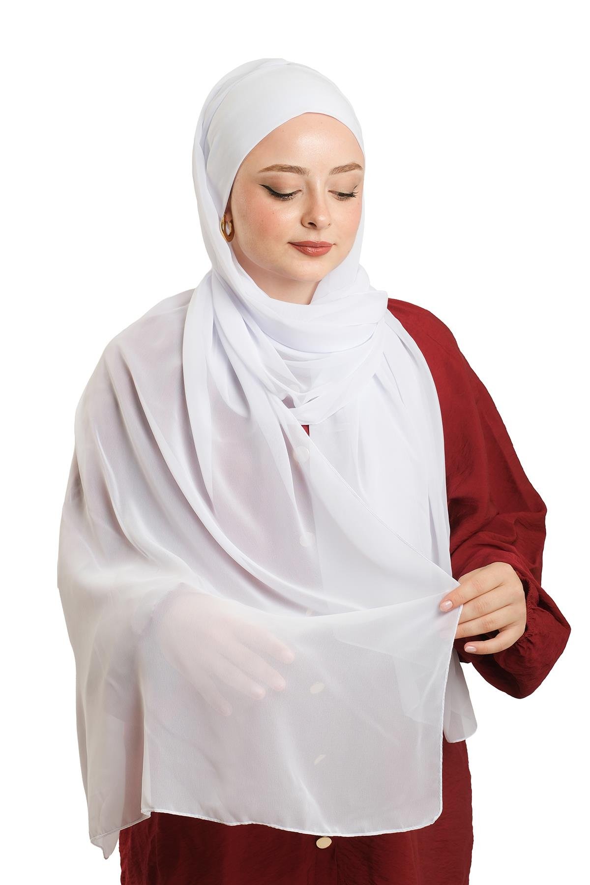 Beyaz Pratik Hazır Geçmeli Bone Şal Şifon Düz 2506_42