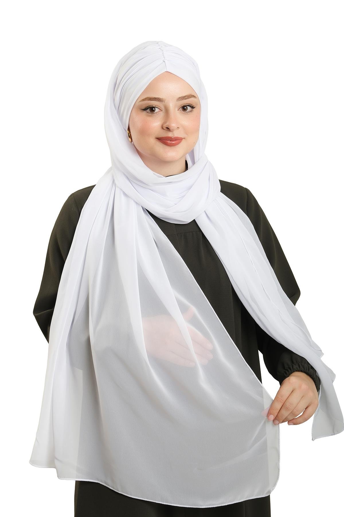 Beyaz Pratik Hazır Geçmeli Bone Şal Şifon Drapeli 2507_42