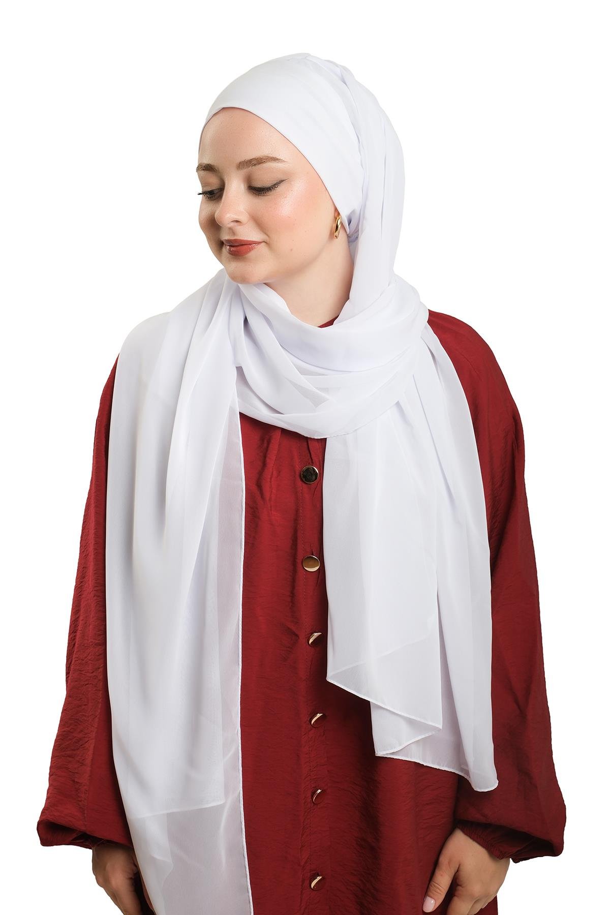 Beyaz Pratik Hazır Geçmeli Bone Şal Şifon Düz 2506_42