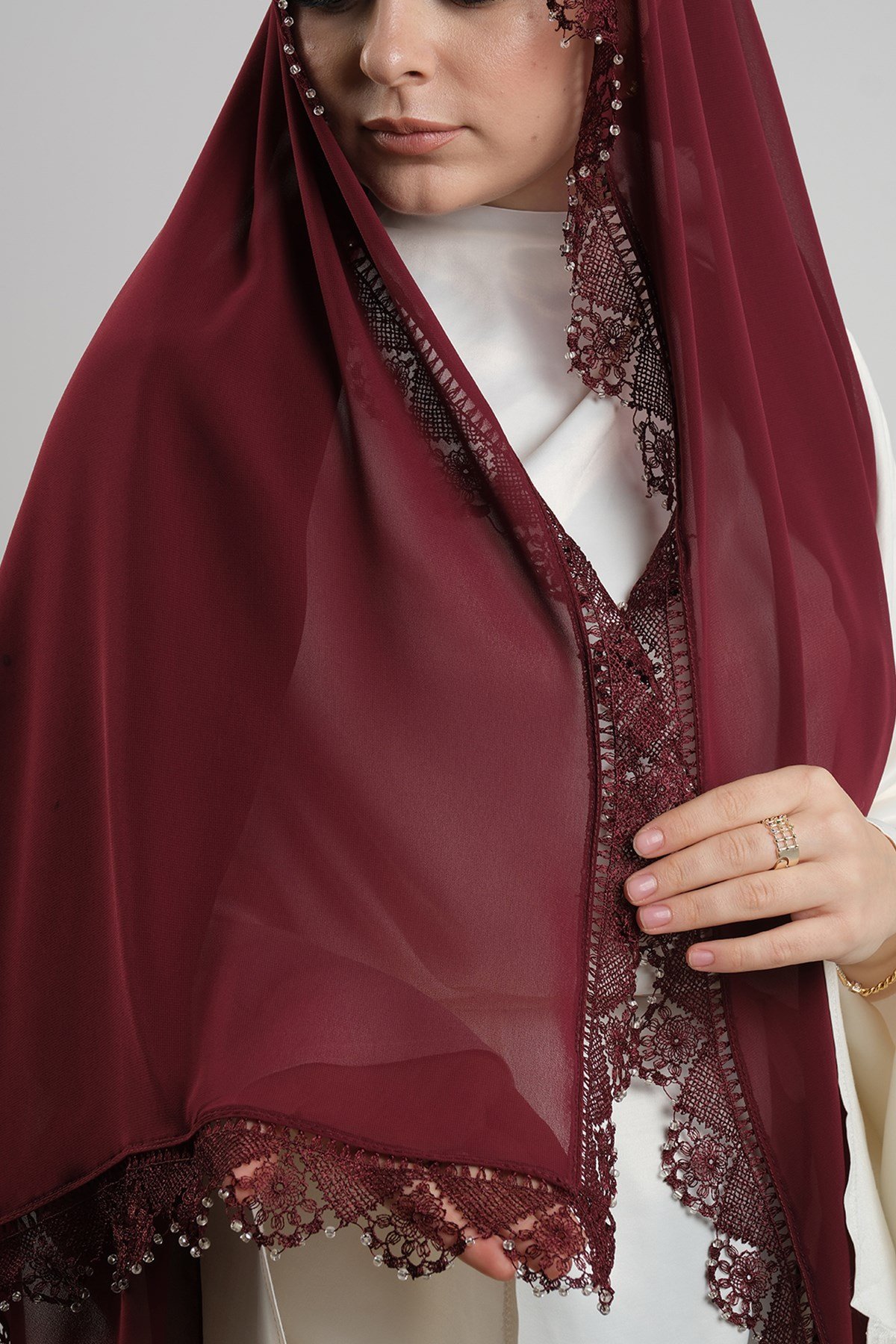 Bordo Nikah Namaz Başörtüsü Şal Şifon Boncuklu Güpürlü 202131_16