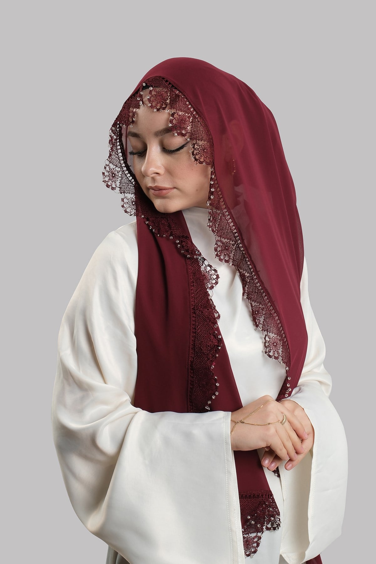 Bordo Nikah Namaz Başörtüsü Şal Şifon Boncuklu Güpürlü 202131_16